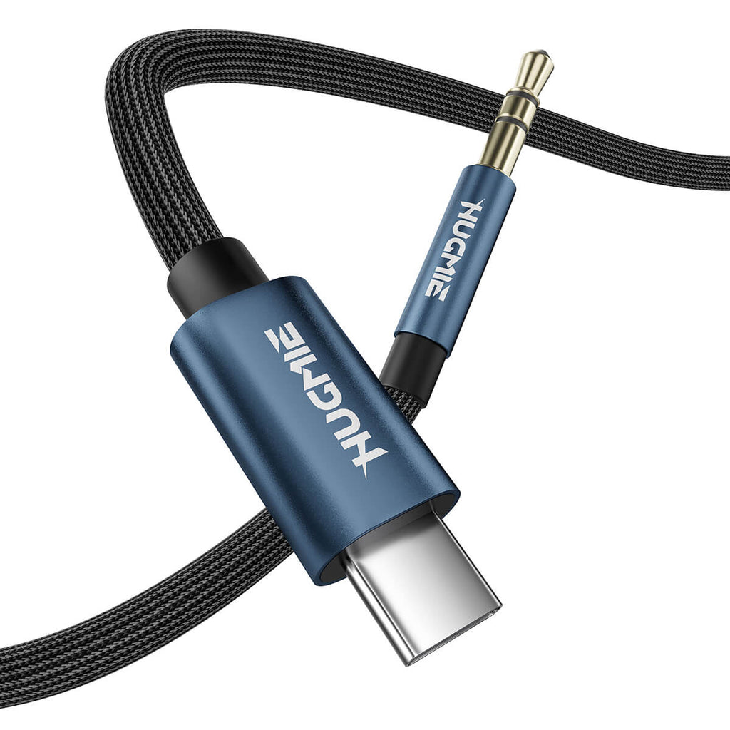 Hugmie Type-C to 3.5mm Audio Cable 1.2M with durable nylon braided design and aluminum alloy connectors for superior sound quality.