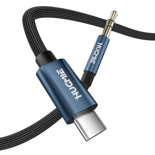 Hugmie Type-C to 3.5mm Audio Cable 1.2M with durable nylon braided design and aluminum alloy connectors for superior sound quality.