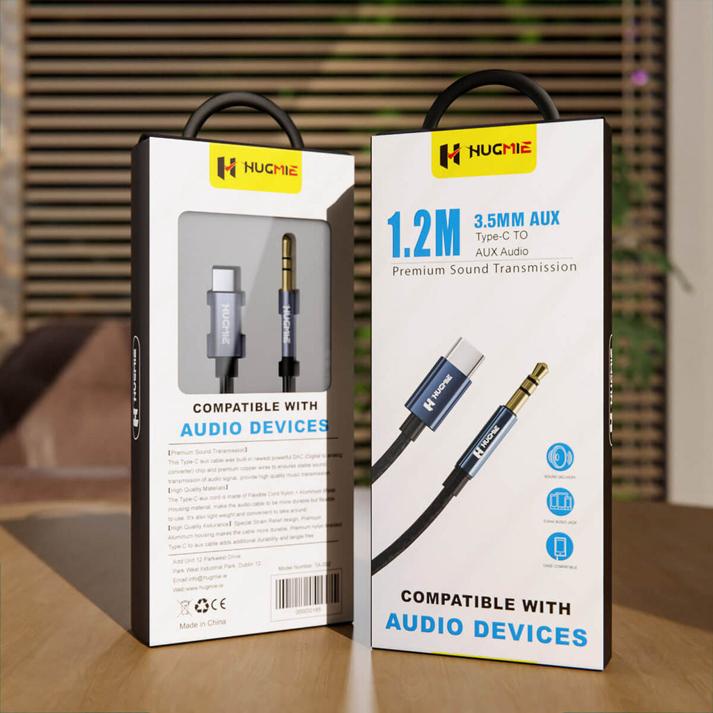 Premium packaging of Hugmie Type-C to 3.5mm Audio Cable 1.2M, highlighting compatibility with audio devices and premium sound transmission.