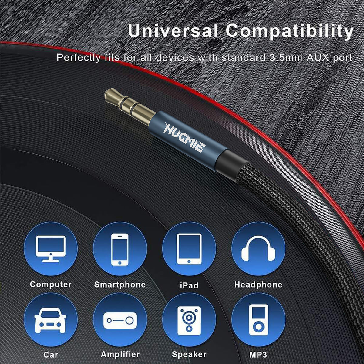 Universal compatibility of Hugmie Type-C to 3.5mm Audio Cable, ideal for computers, smartphones, headphones, speakers, and more.