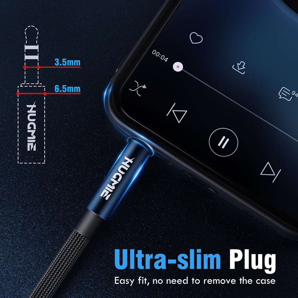 Hugmie Type-C to 3.5mm Audio Cable with ultra-slim plug design, ensuring easy fit without removing the phone case for seamless audio connection.