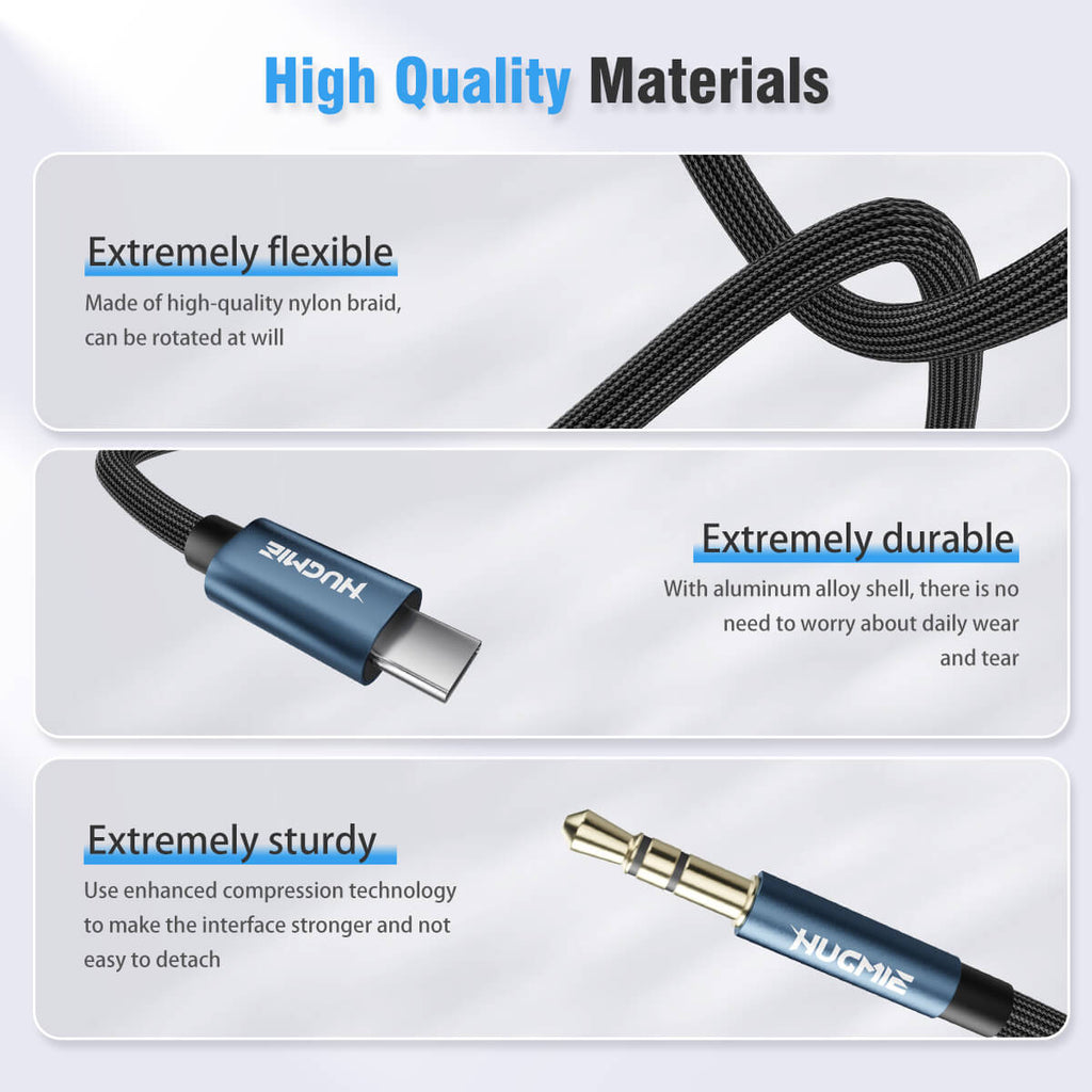 High-quality Hugmie Type-C to 3.5mm Audio Cable featuring extreme flexibility, durability, and sturdy compression technology for long-lasting use.