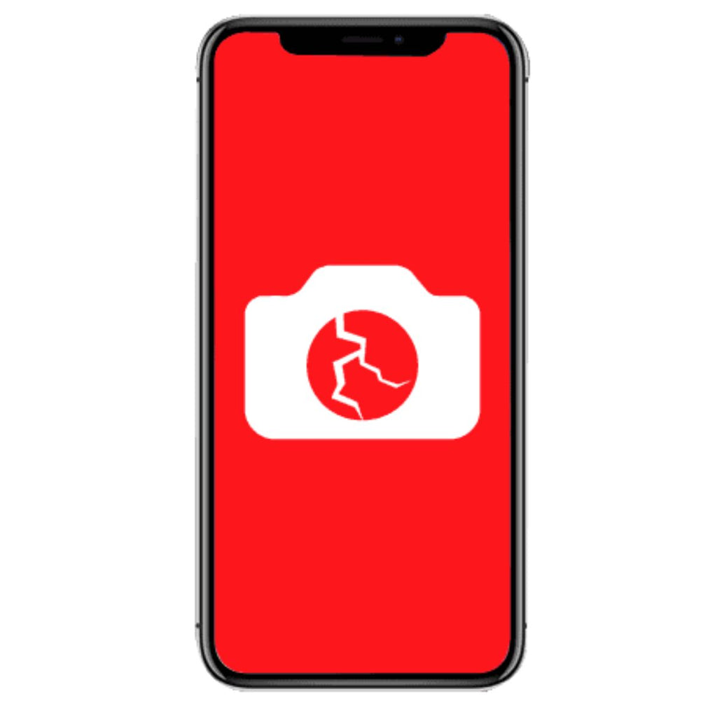 iPhone screen displaying a broken camera icon on a red background, indicating camera lens damage requiring repair.