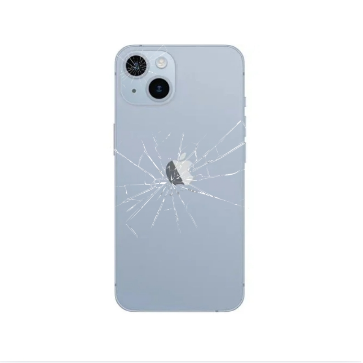 iPhone 15 Back Glass and Camera Lens Repair | Hugmie service showing a cracked back glass and damaged camera lens on a light blue iPhone 15.
