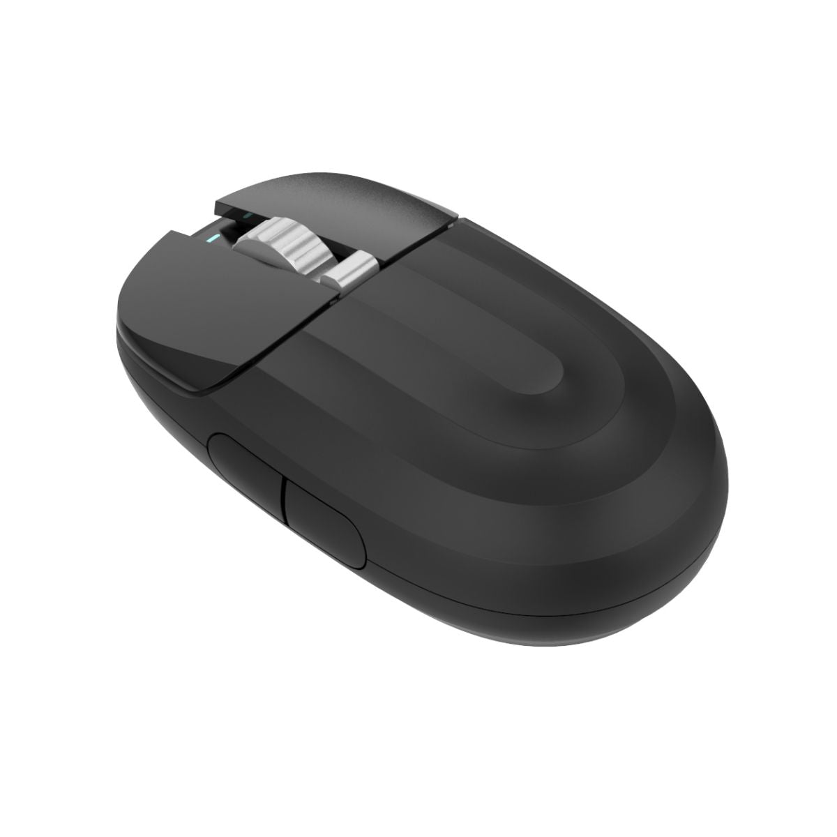 Side angle of INDENA G266D Dual Mode Wireless Mouse showcasing ergonomic curves, side buttons, and a modern black finish for enhanced usability.