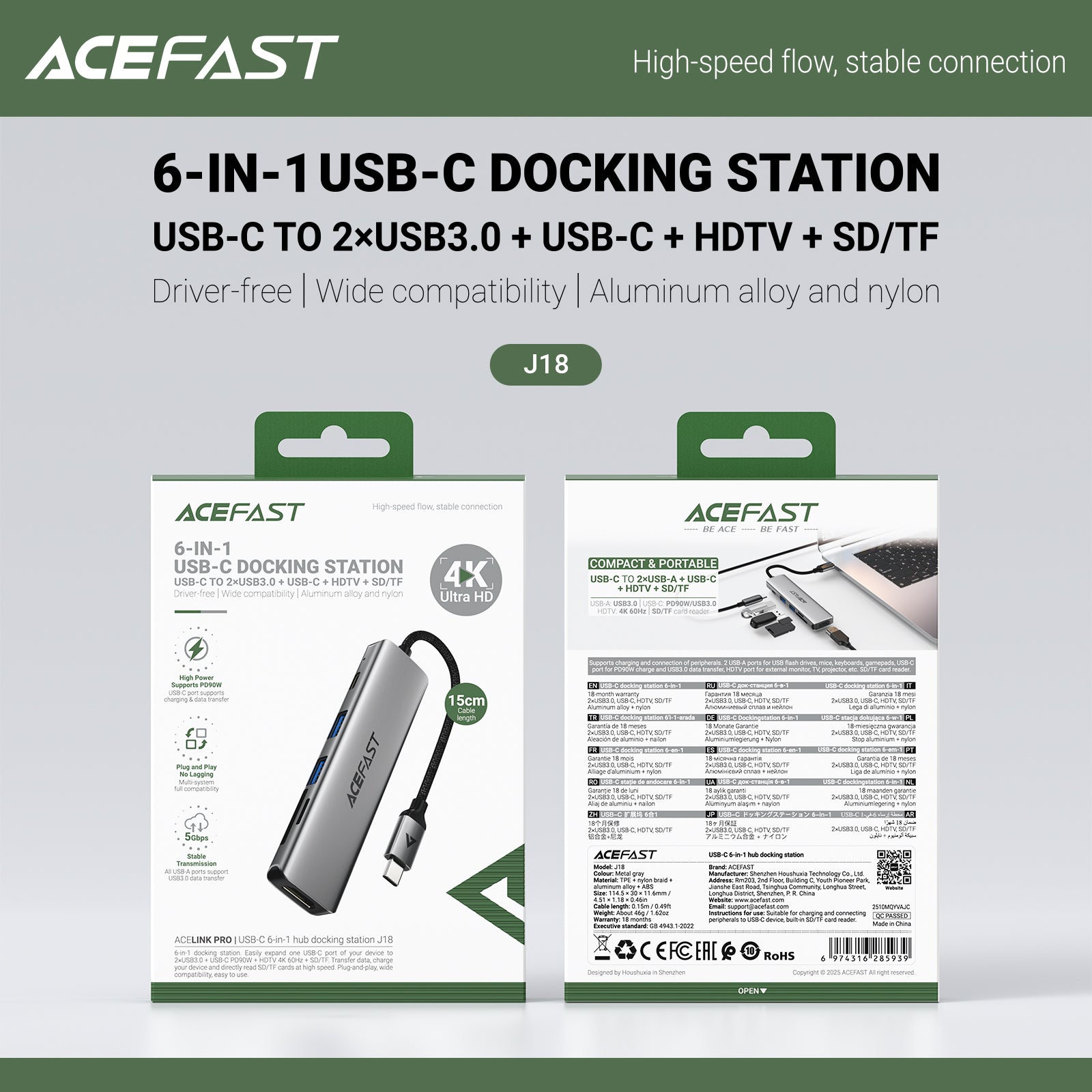 ACEFAST J18 USB-C 6-in-1 HUB Docking Station Metal Grey