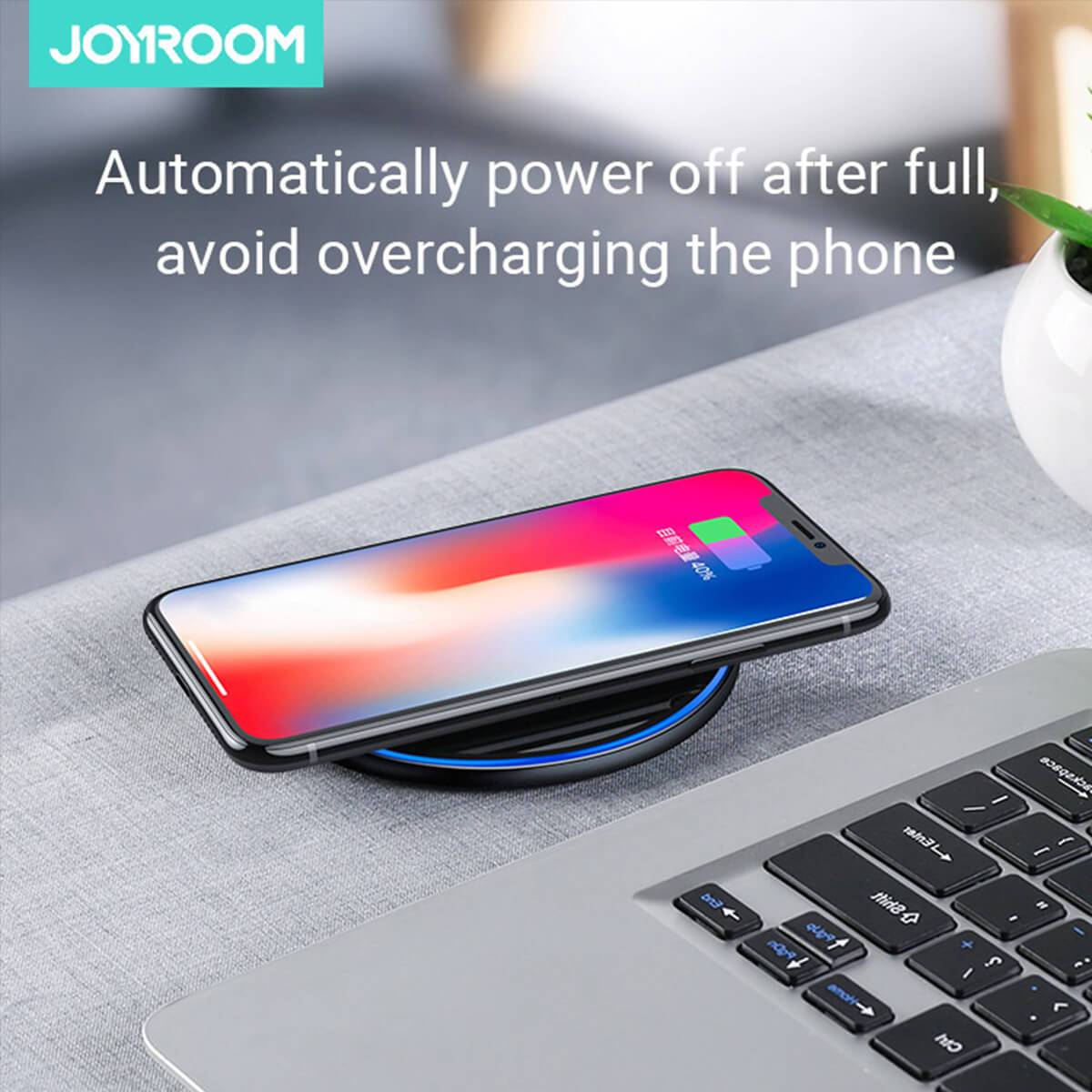 JOYROOM JR-A30 wireless charger automatically powers off after full charge to prevent overcharging and extend battery life.