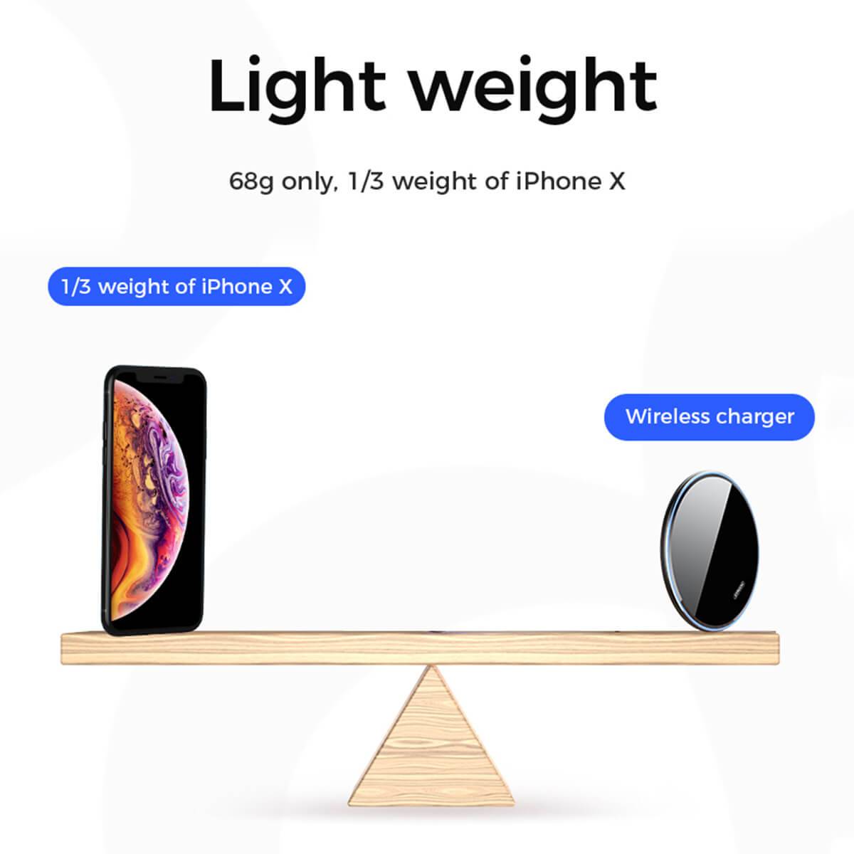 Lightweight JOYROOM JR-A30 wireless charger weighing only 68g, making it ultra-portable and easy to carry anywhere.