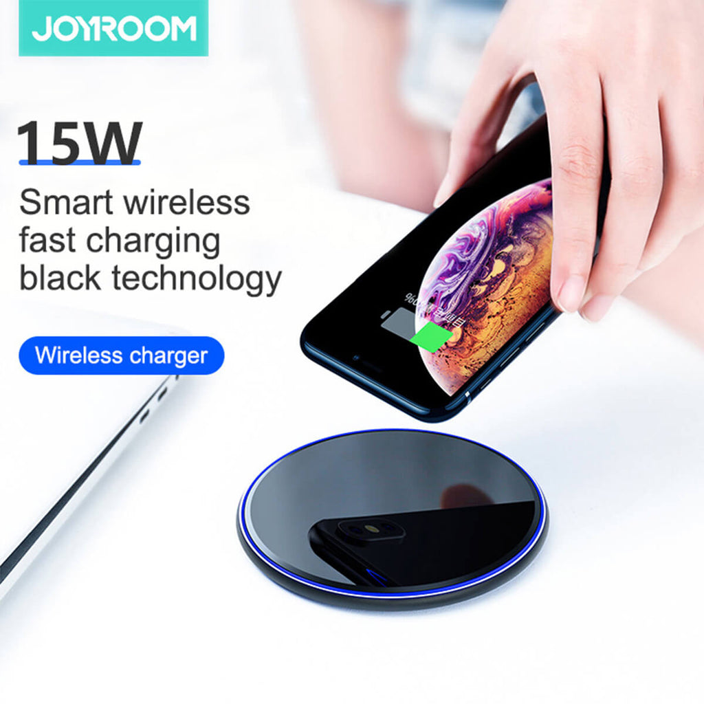 JOYROOM JR-A30 15W wireless charger providing smart fast charging for smartphones with a stylish black design and blue LED indicator.