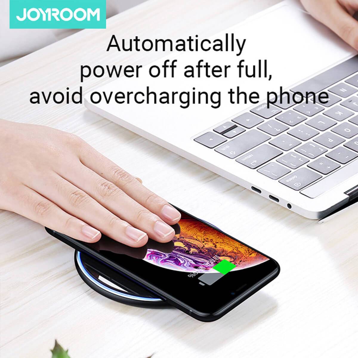 JOYROOM JR-A30 wireless charger with auto power-off feature to prevent overcharging, ensuring safe and efficient charging for devices.