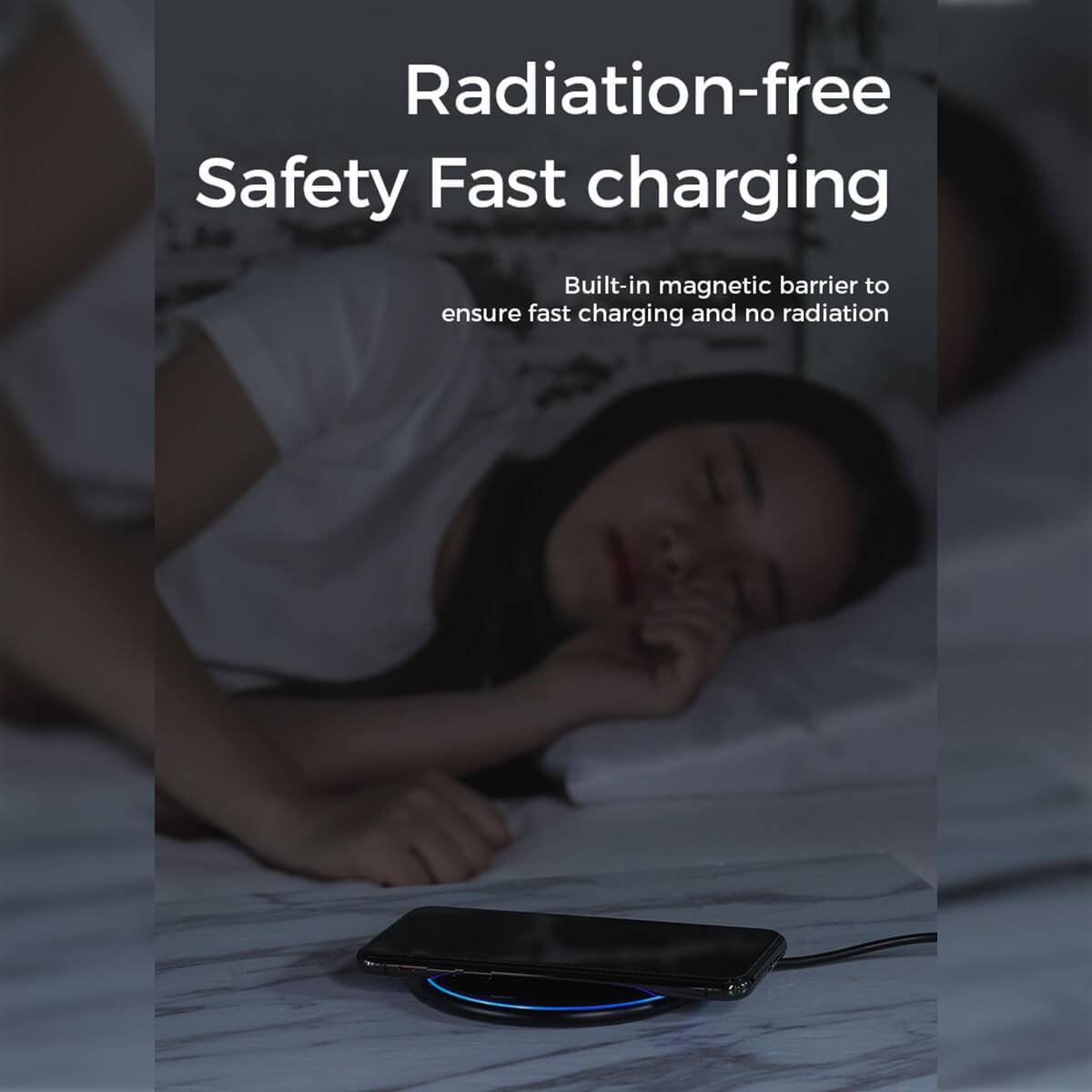 Radiation-free JOYROOM JR-A30 wireless charger with built-in magnetic barrier for safe and fast charging during sleep.