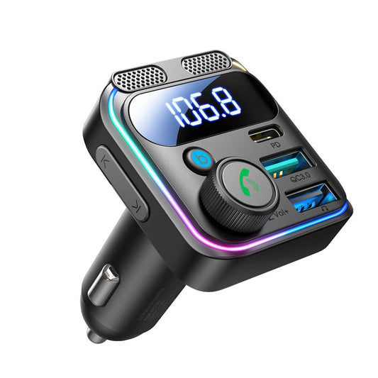 JOYROOM JR-CCB01 48W Dual-Mic Car Wireless FM Transmitter with LED display, dual USB ports, and hands-free calling feature.