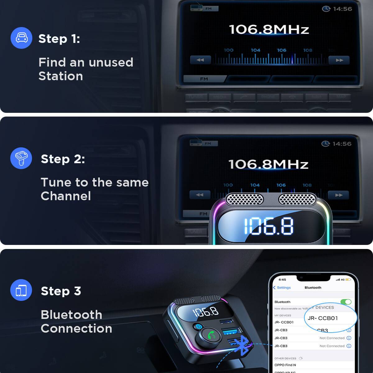 Step-by-step guide for setting up the JOYROOM JR-CCB01 FM Transmitter with FM tuning and Bluetooth pairing instructions.