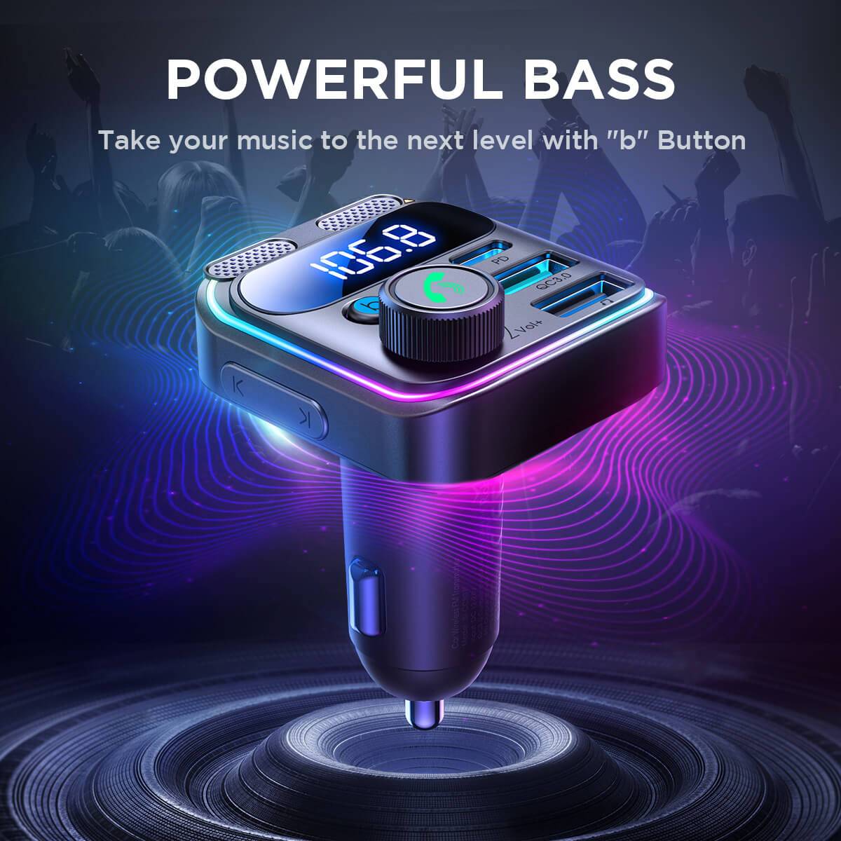 JOYROOM JR-CCB01 FM Transmitter with powerful bass boost feature, enhancing music experience with a dedicated 'b' button.