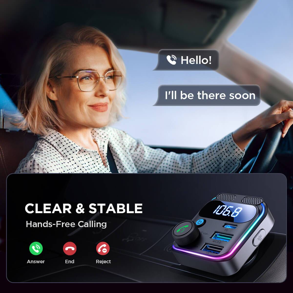 JOYROOM JR-CCB01 FM Transmitter enabling clear hands-free calling with dual microphones and noise cancellation technology.