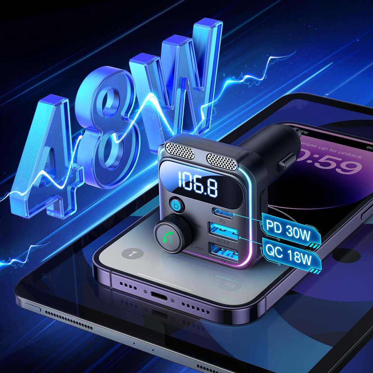 High-power 48W JOYROOM JR-CCB01 FM Transmitter with PD 30W and QC 18W fast charging for seamless in-car connectivity.