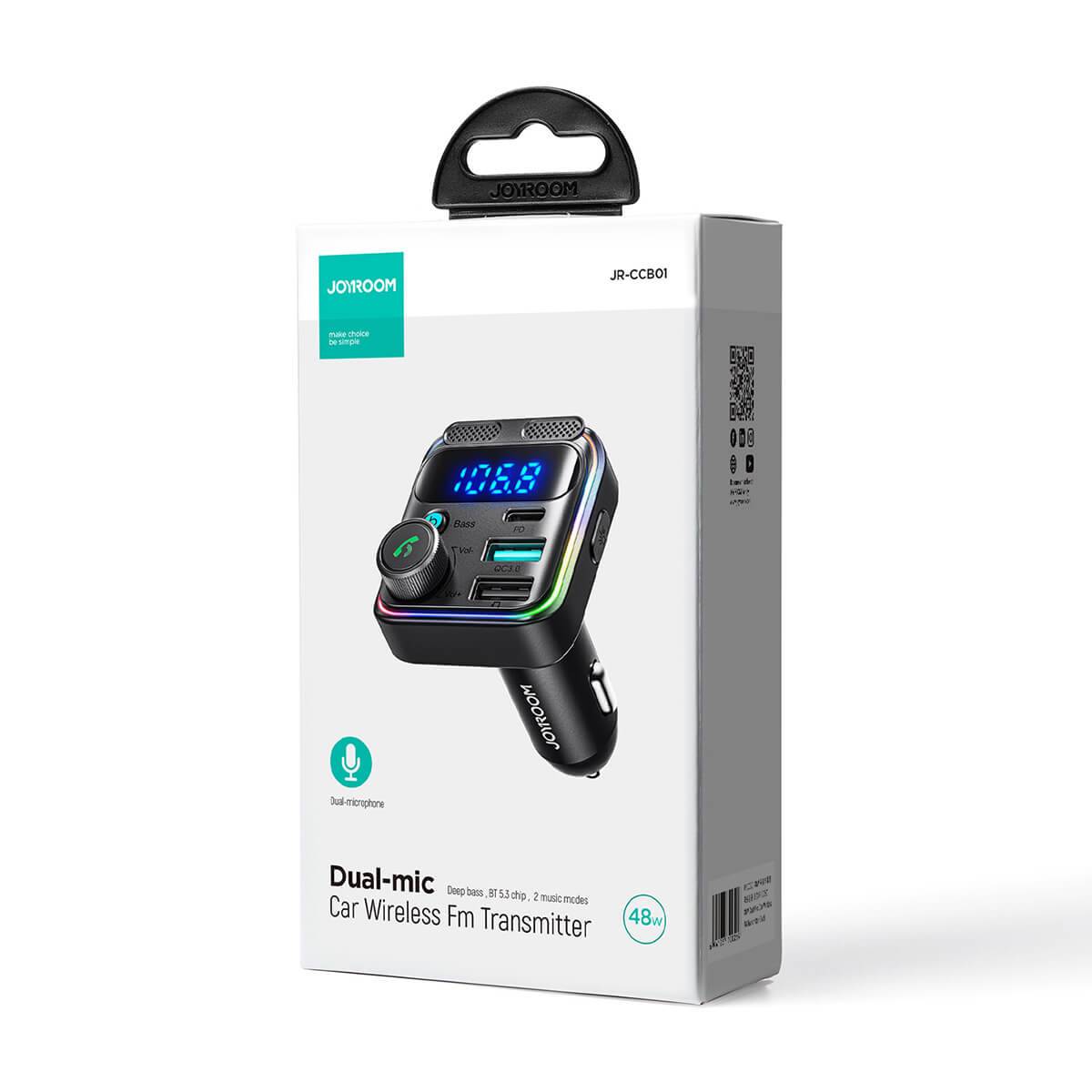Retail packaging of JOYROOM JR-CCB01 Dual-Mic Car Wireless FM Transmitter, featuring 48W fast charging and hands-free calling.