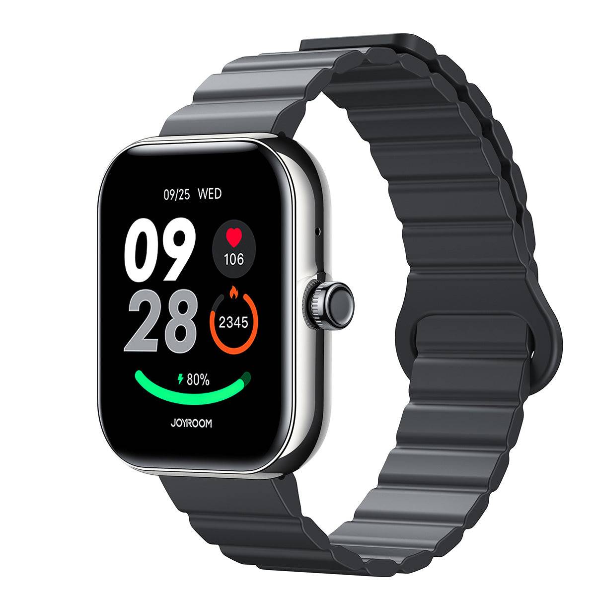 JOYROOM JR-FT5 Plus Smart Watch in black with a 1.96-inch HD display, heart rate monitoring, and fitness tracking. Features a sleek design with a magnetic strap.