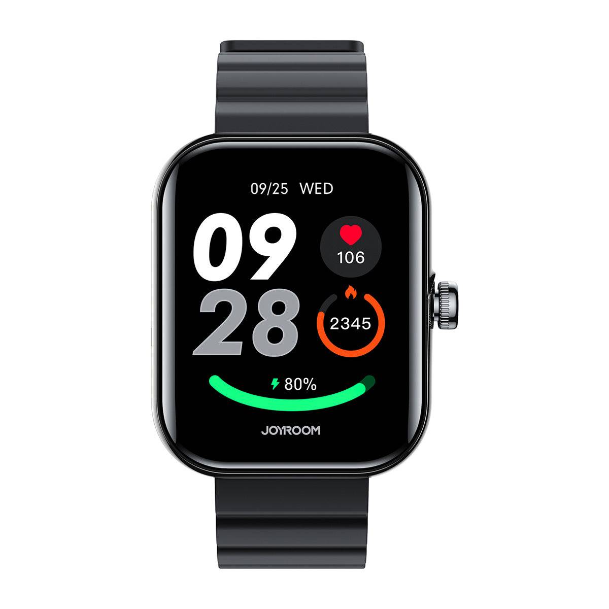 Front view of the JOYROOM JR-FT5 Plus Smart Watch in black, showcasing its large HD display with fitness tracking and health monitoring features.