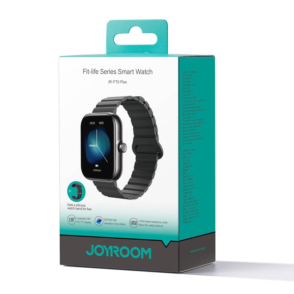 Packaging of the JOYROOM JR-FT5 Plus Smart Watch in black, highlighting its features like Bluetooth calling, water resistance, and fitness tracking.