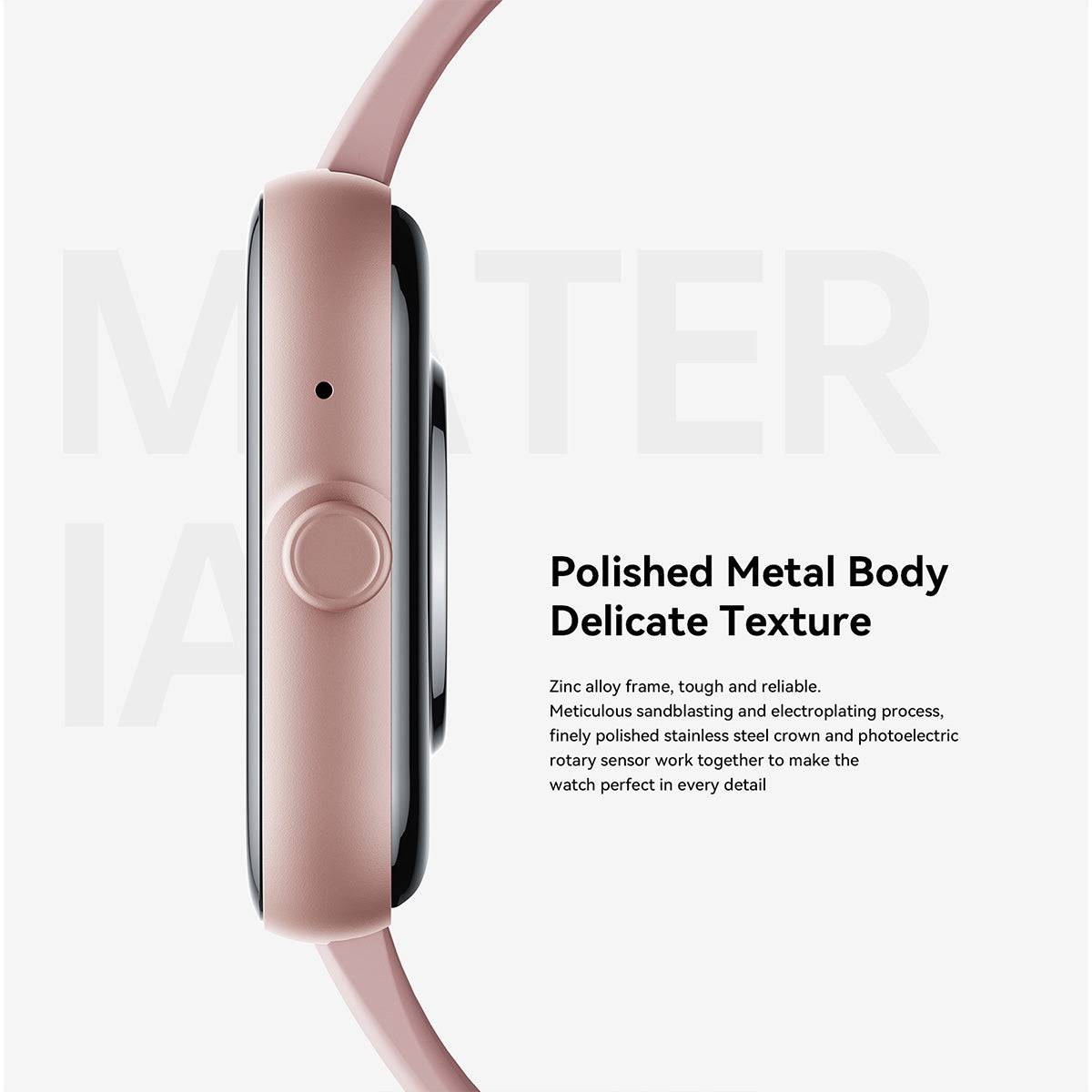 Side view of the JOYROOM JR-FT5 Plus Smart Watch, highlighting its polished metal body and premium build quality.