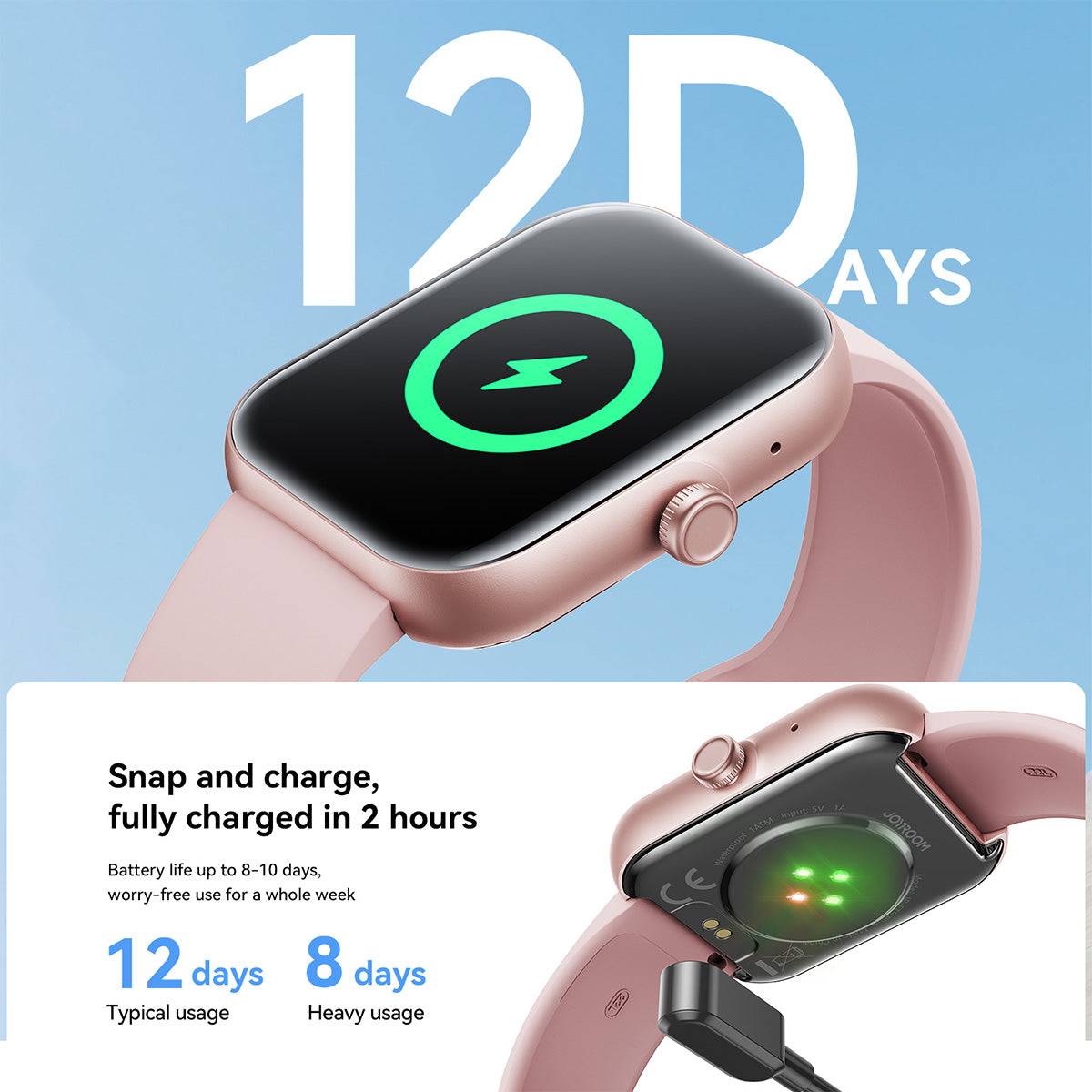 JOYROOM JR-FT5 Plus Smart Watch with a 12-day battery life and fast charging, ensuring long-lasting performance with just 2 hours of charging.