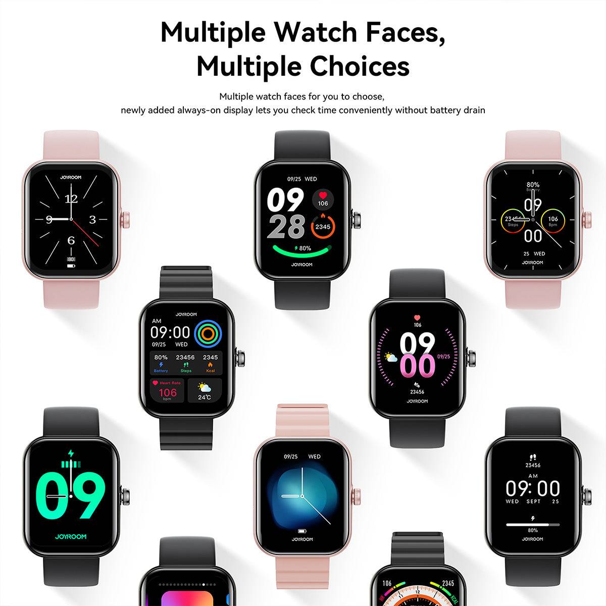 Multiple watch face options for the JOYROOM JR-FT5 Plus Smart Watch, allowing users to customize their display to match their style.