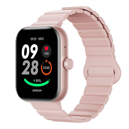 JOYROOM JR-FT5 Plus Smart Watch in pink with a 1.96-inch HD display, heart rate tracking, and fitness monitoring. Stylish design with a comfortable magnetic strap.