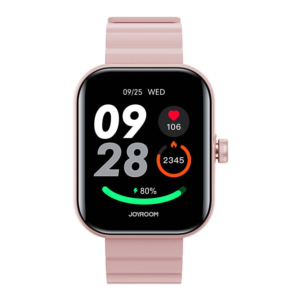Front view of the JOYROOM JR-FT5 Plus Smart Watch in pink, showcasing its large HD display with fitness tracking and health monitoring features.