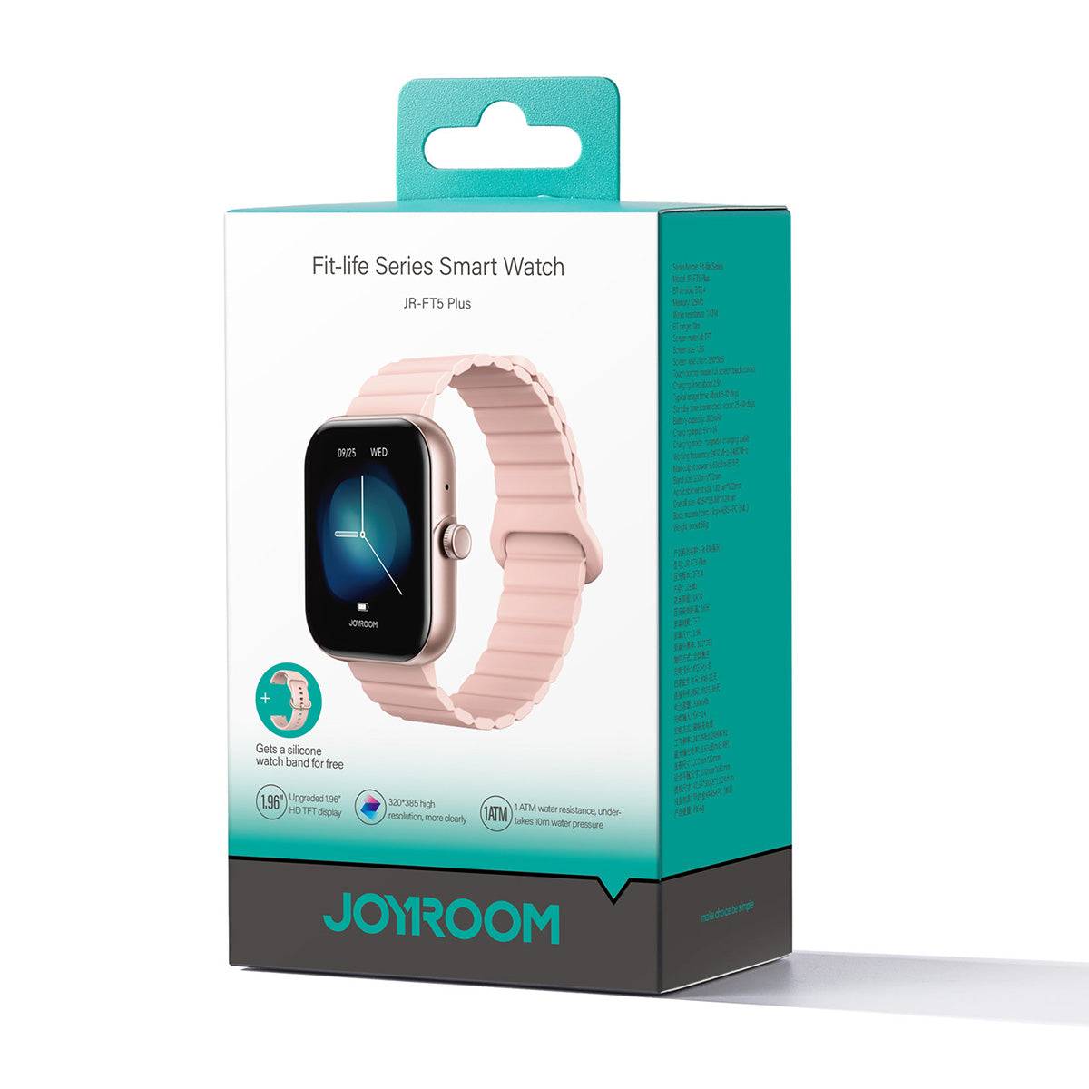 Packaging of the JOYROOM JR-FT5 Plus Smart Watch, highlighting its features like Bluetooth calling, water resistance, and fitness tracking.