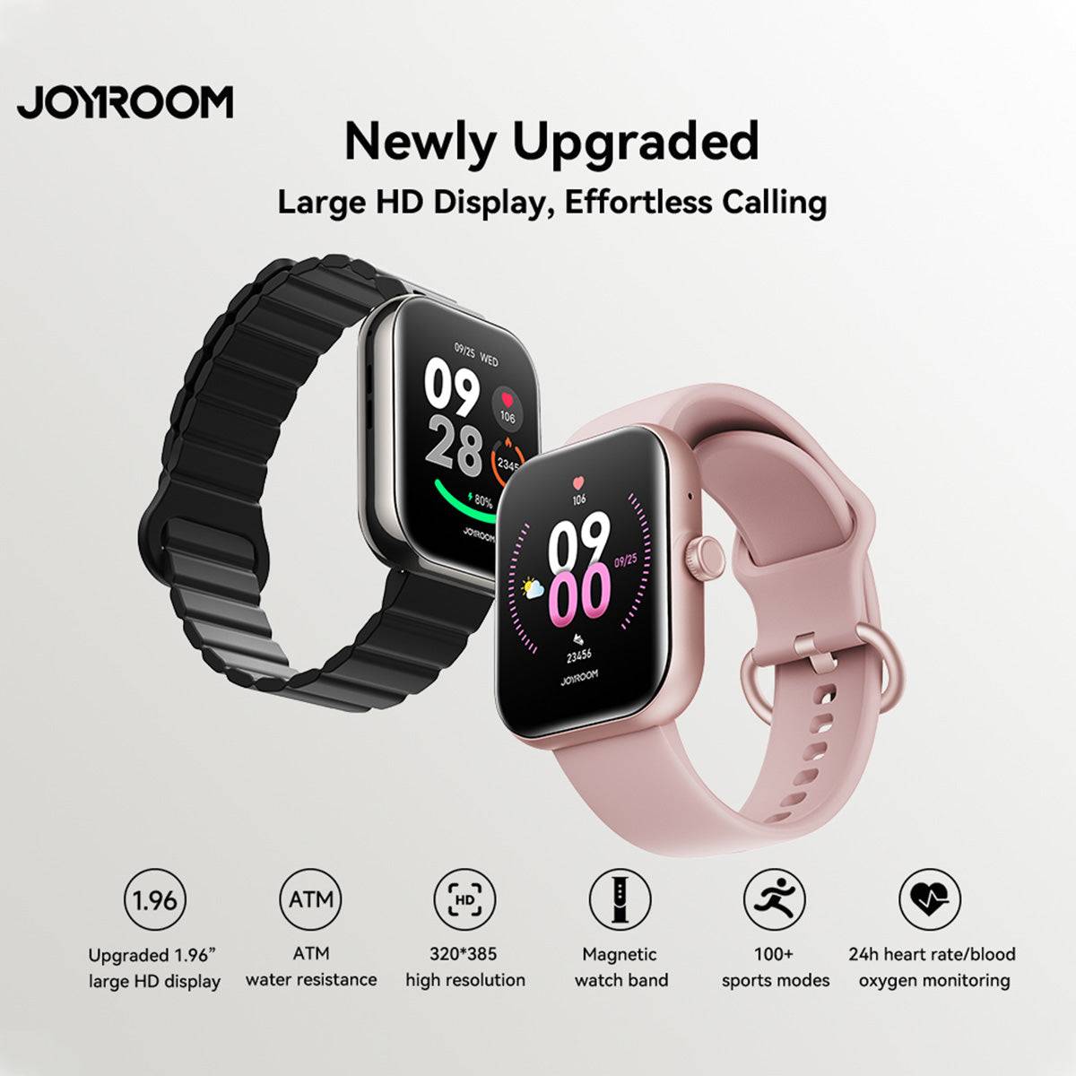 JOYROOM JR-FT5 Plus Smart Watch in black and pink, featuring a 1.96-inch HD display, ATM water resistance, and 100+ sports modes.