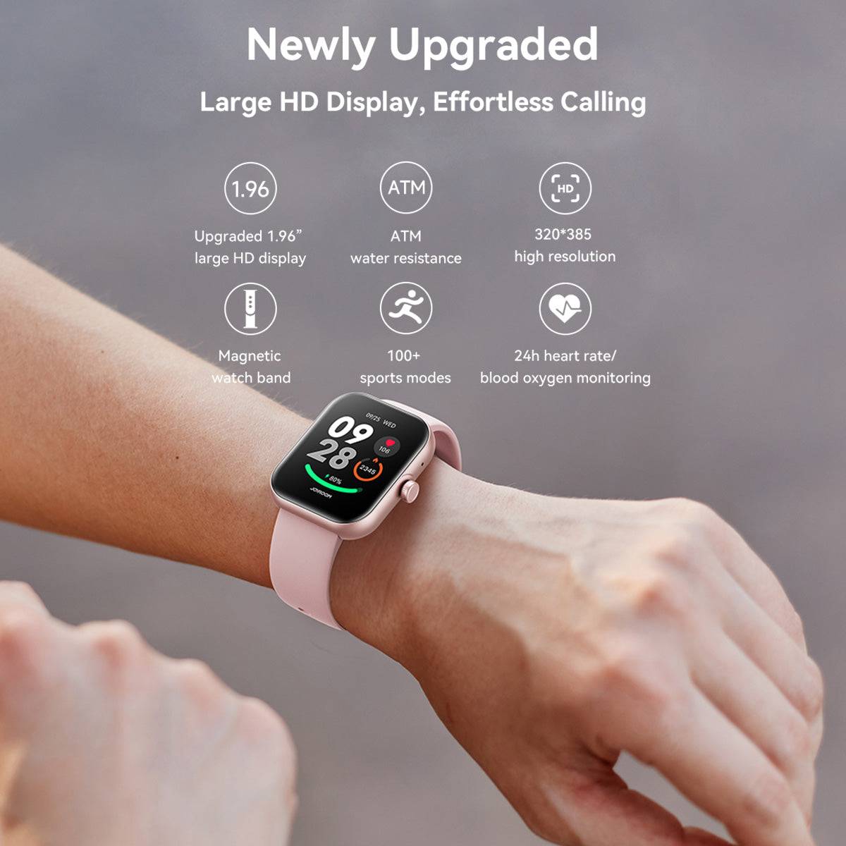 JOYROOM JR-FT5 Plus Smart Watch worn on a wrist, showcasing its large HD display, fitness tracking, and effortless calling features.