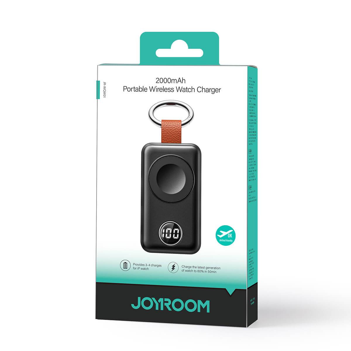 JOYROOM JR-WQW01 2000mAh Portable Watch Wireless Charger in retail packaging, featuring a sleek design and travel-friendly keychain attachment.