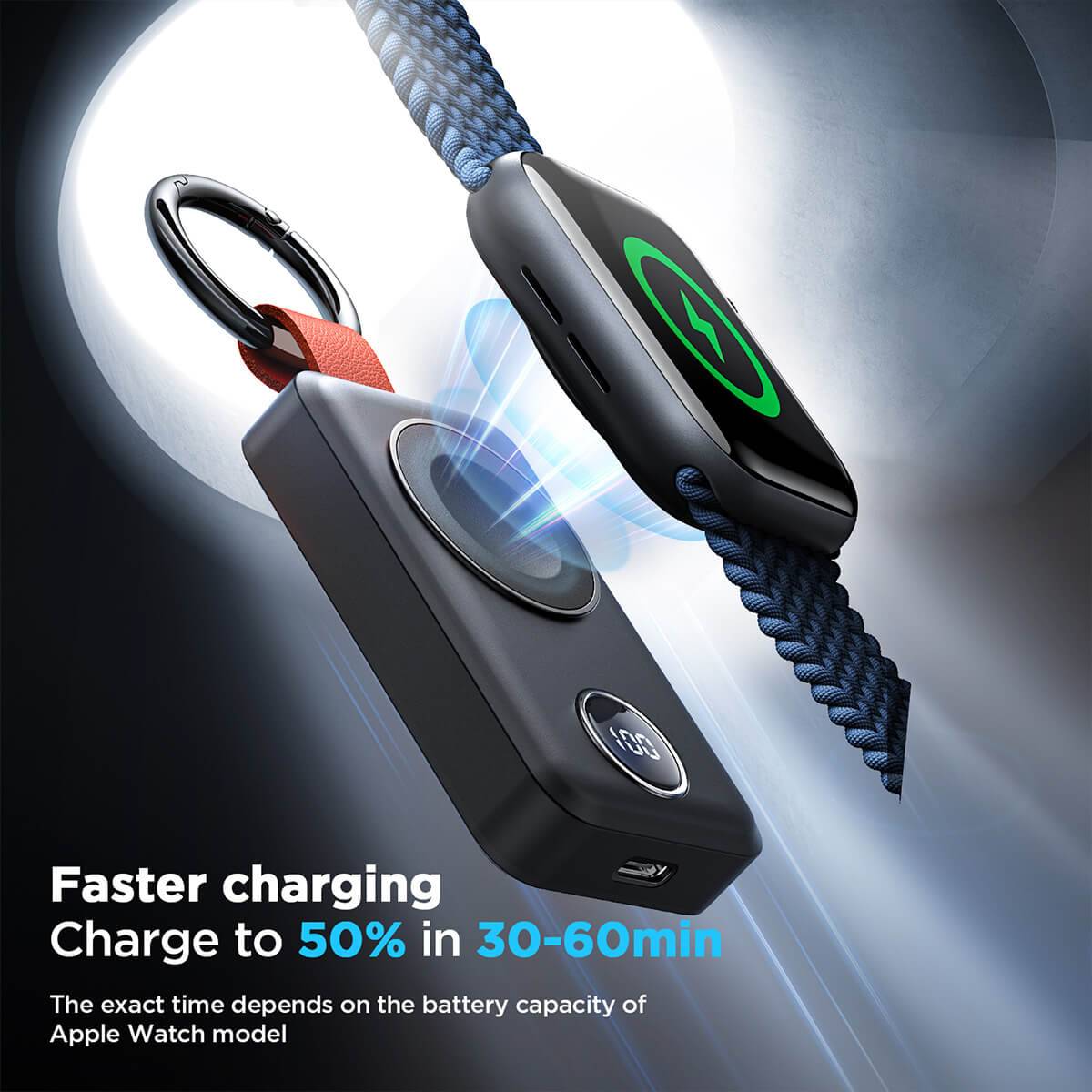 Fast-charging JOYROOM JR-WQW01 wireless charger powers Apple Watch to 50% in 30-60 minutes, depending on battery capacity.