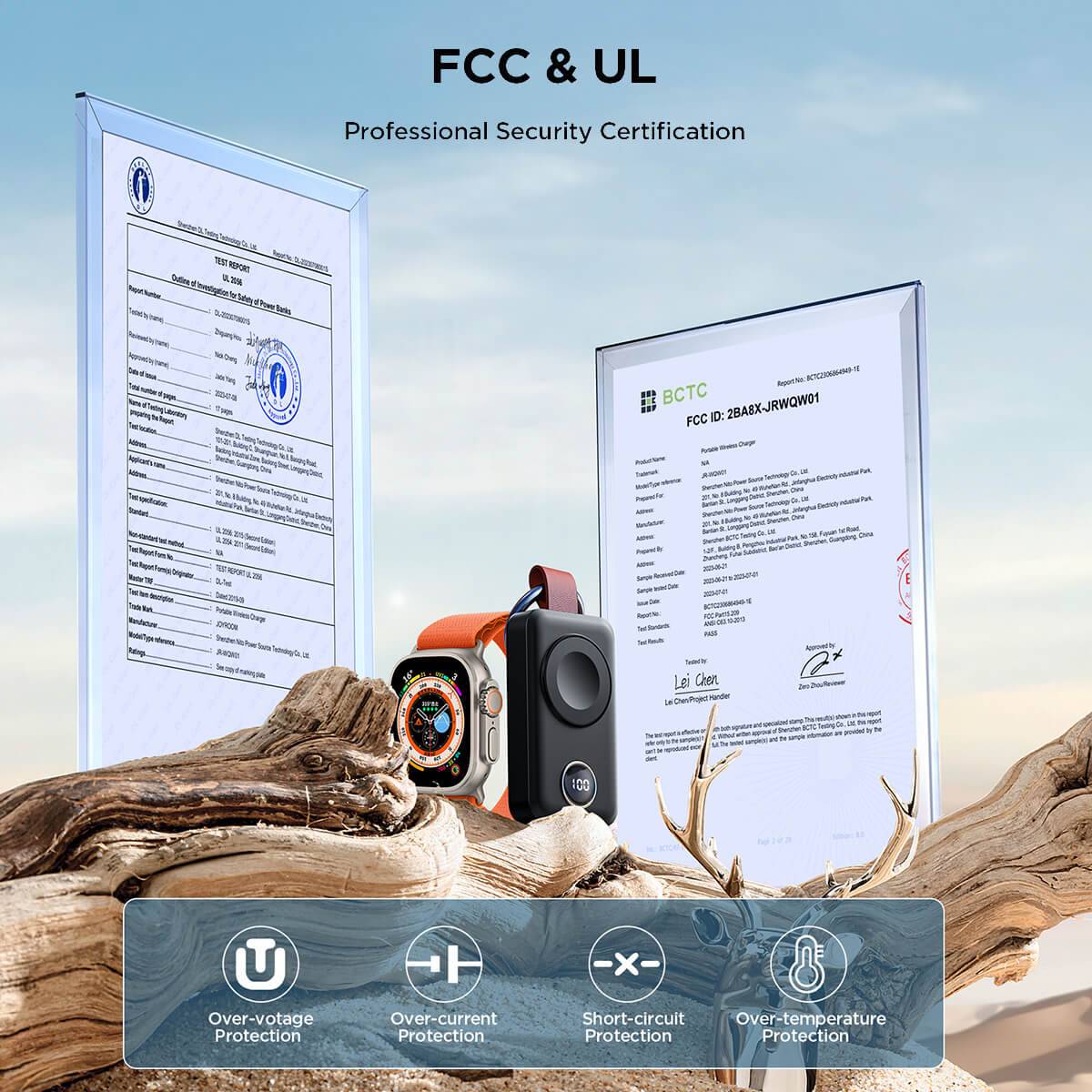 JOYROOM JR-WQW01 wireless charger with FCC & UL certifications, ensuring over-voltage, over-current, short-circuit, and over-temperature protection.