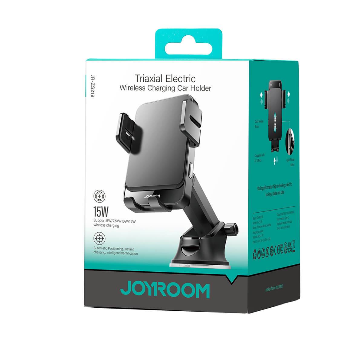 Retail packaging of JOYROOM JR-ZS219 Triaxial Electric Wireless Charging Car Holder, highlighting 15W fast charging and dashboard mounting.