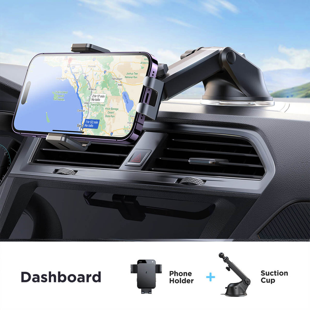 JOYROOM JR-ZS219 Wireless Car Charger Holder mounted on a car dashboard, holding a smartphone with navigation displayed.