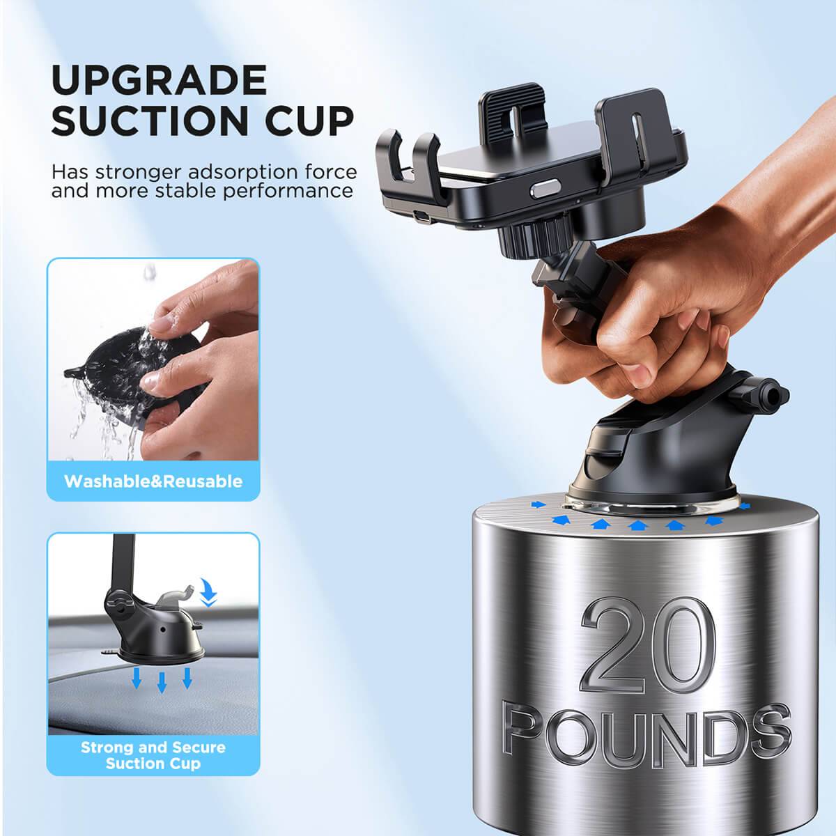 JOYROOM JR-ZS219 Car Charger Holder with an upgraded suction cup, offering strong adsorption force and reusable washability.