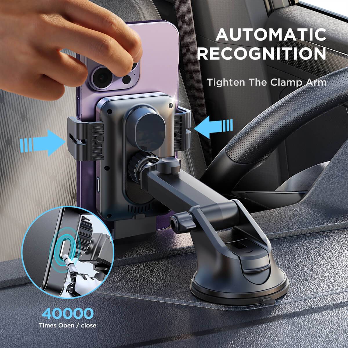 Automatic recognition feature of JOYROOM JR-ZS219, tightening the clamp arm securely with 40,000 times open/close durability.
