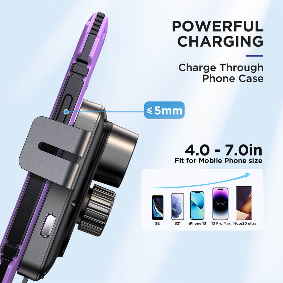 JOYROOM JR-ZS219 Wireless Car Charger Holder supports charging through phone cases up to 5mm thick, fitting 4.0 to 7.0-inch devices.