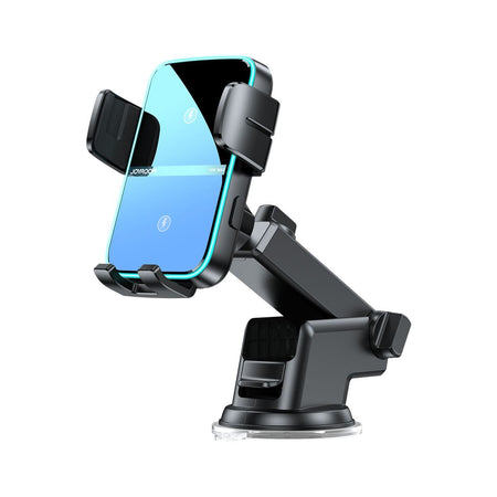 JOYROOM JR-ZS246 Wireless Car Charger Holder with dual-coil design, featuring an adjustable arm and secure phone grip for fast 15W charging.