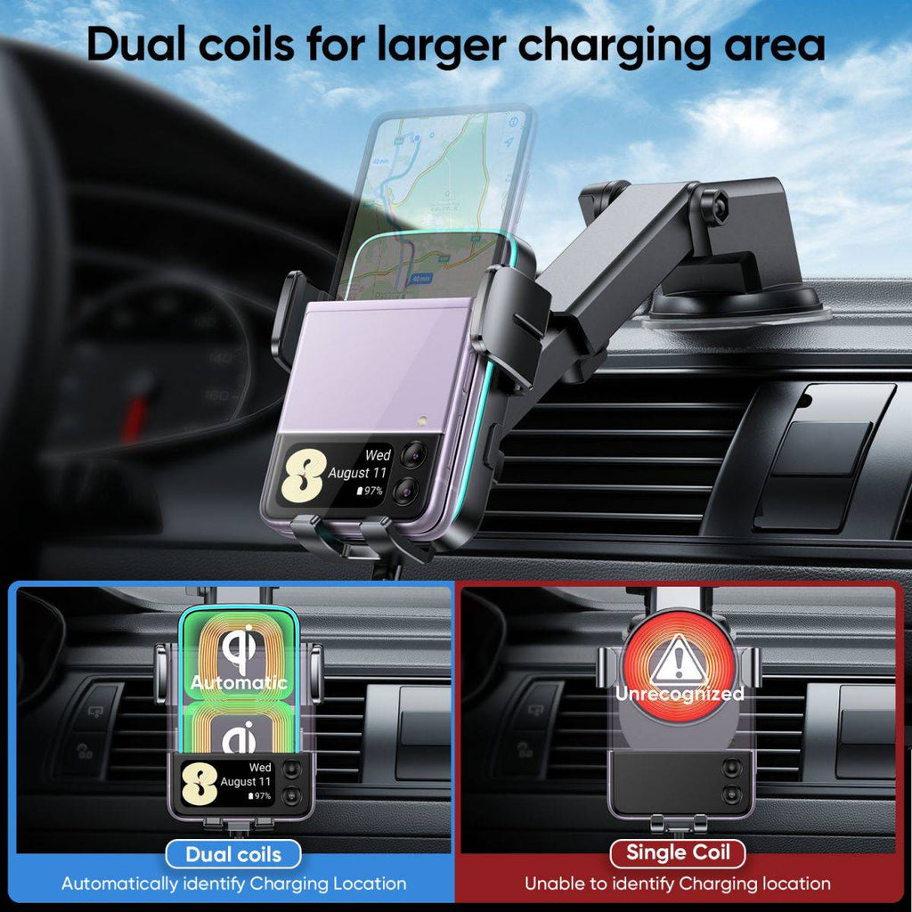 Dual-coil wireless car charger holder by JOYROOM, ensuring a larger charging area and automatic phone positioning for efficient power delivery.