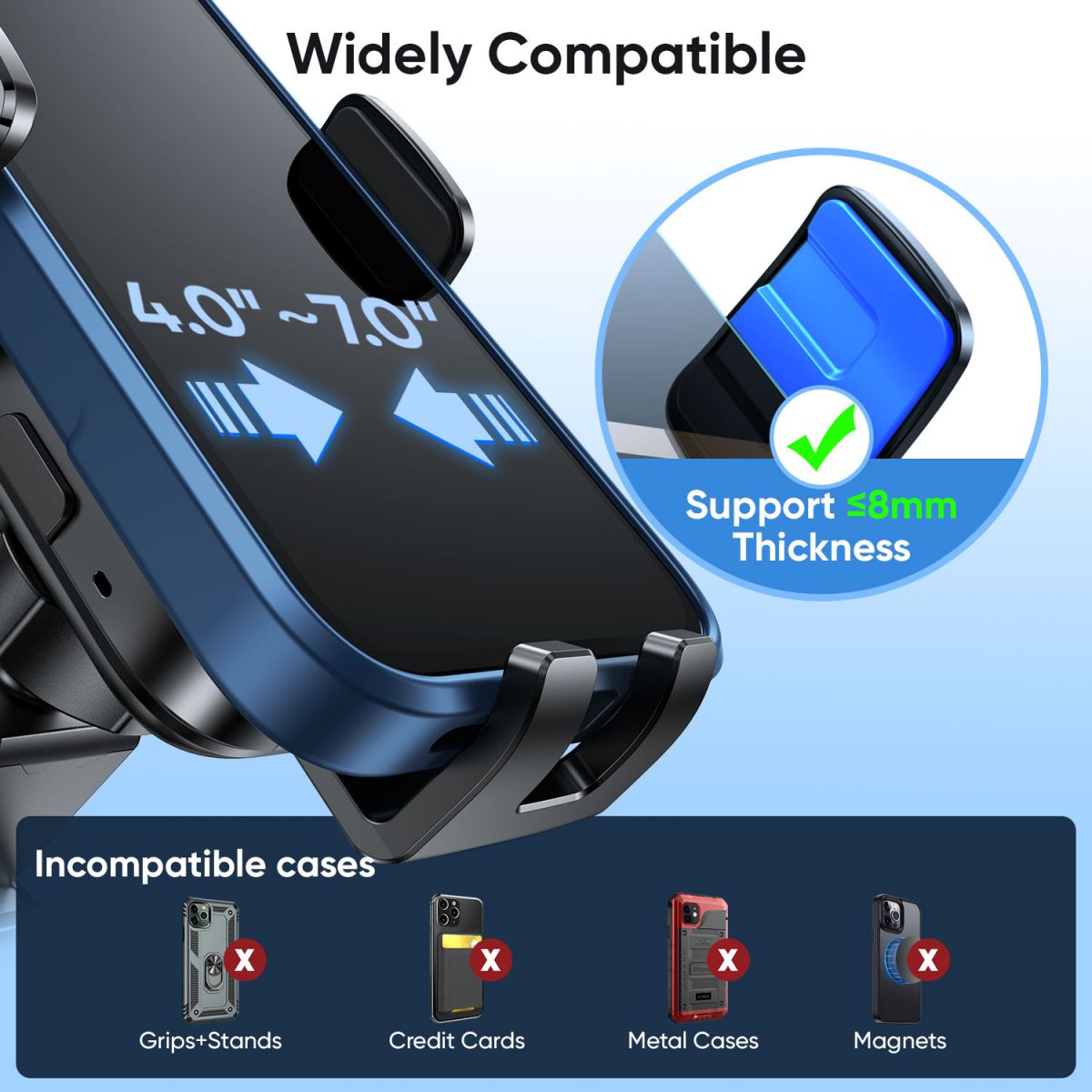 JOYROOM JR-ZS246 Wireless Car Charger Holder supports up to 8mm thick cases, with exclusions for metal cases, magnets, and credit card holders.