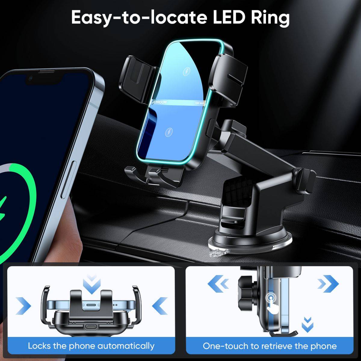 Easy-to-locate LED ring on JOYROOM JR-ZS246 Wireless Car Charger Holder, offering automatic phone locking and one-touch release for convenience.