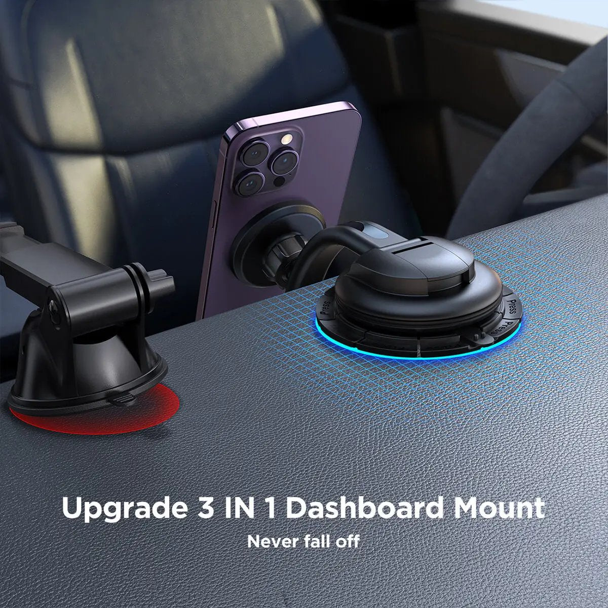 Upgrade 3-in-1 dashboard mount with strong suction, ensuring a secure hold for your phone while driving.
