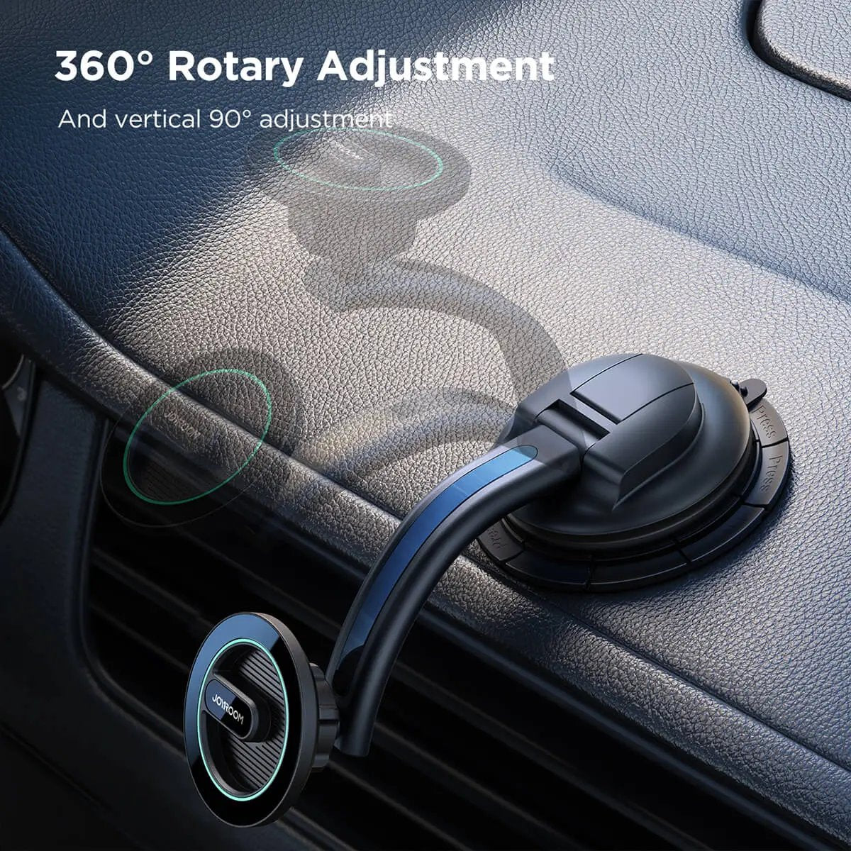 360-degree rotary adjustment with vertical 90-degree flexibility for optimal phone positioning in the car.