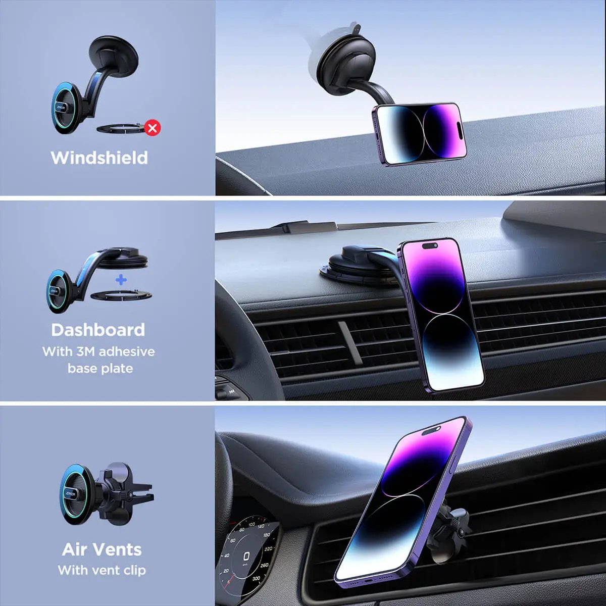 Versatile mounting options for dashboard and air vents, offering flexible phone positioning in the car.