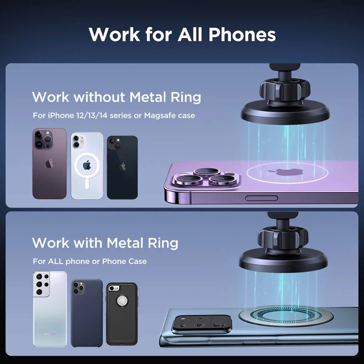 Compatible with all phones, works with MagSafe devices without a metal ring and supports other phones with a metal ring.