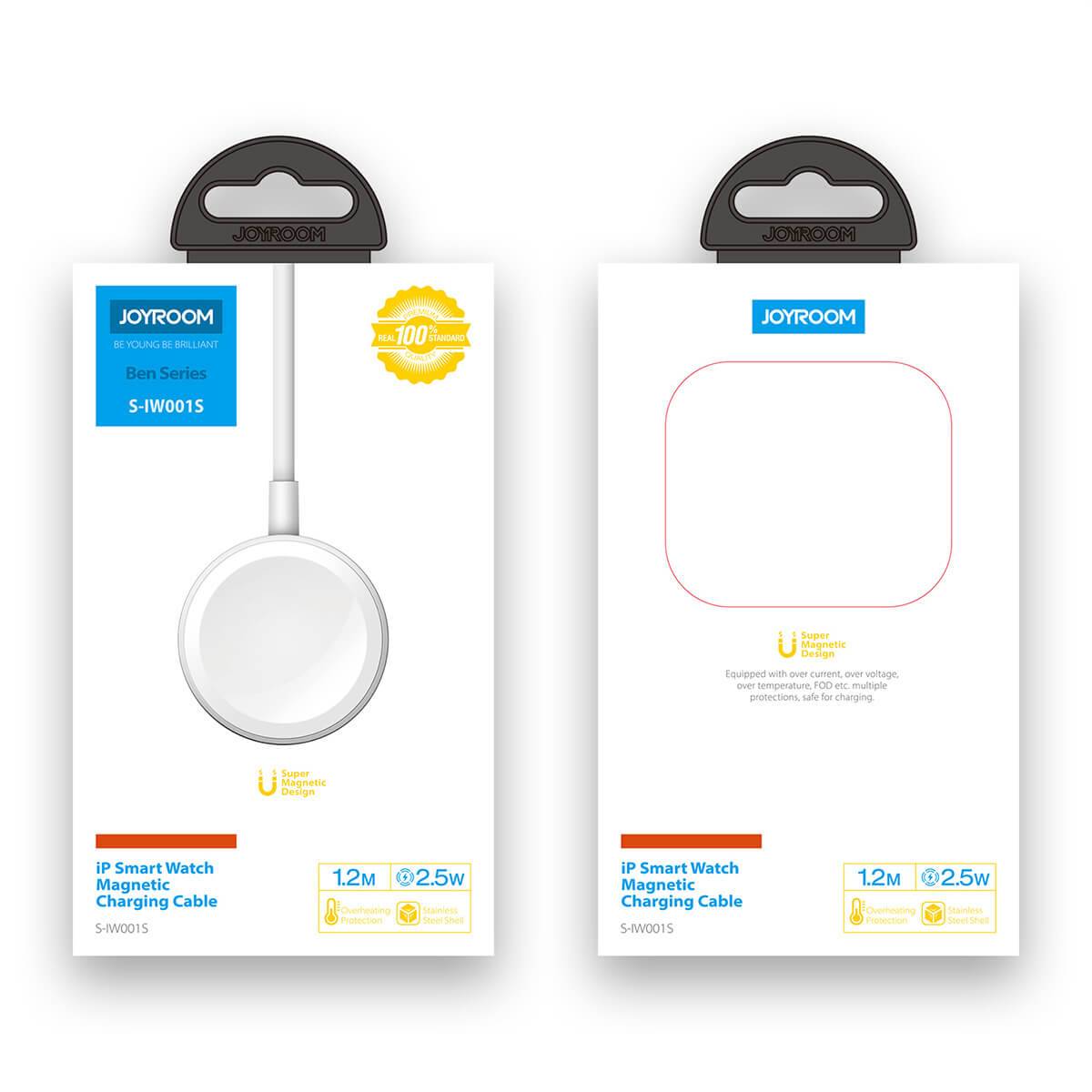 Retail packaging of JOYROOM S-IW001S iWatch Magnetic Wireless Charger, showcasing product details, specifications, and premium design.