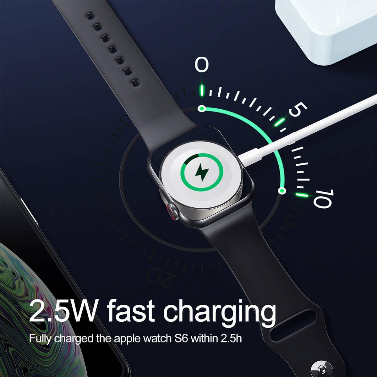 2.5W fast charging capability of JOYROOM S-IW001S iWatch Magnetic Wireless Charger, fully charging Apple Watch Series 6 within 2.5 hours.